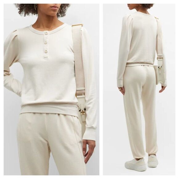 Monrow Tucked Sleeve Henley Pullover Shirt in Cream Women's Small - Picture 2 of 7